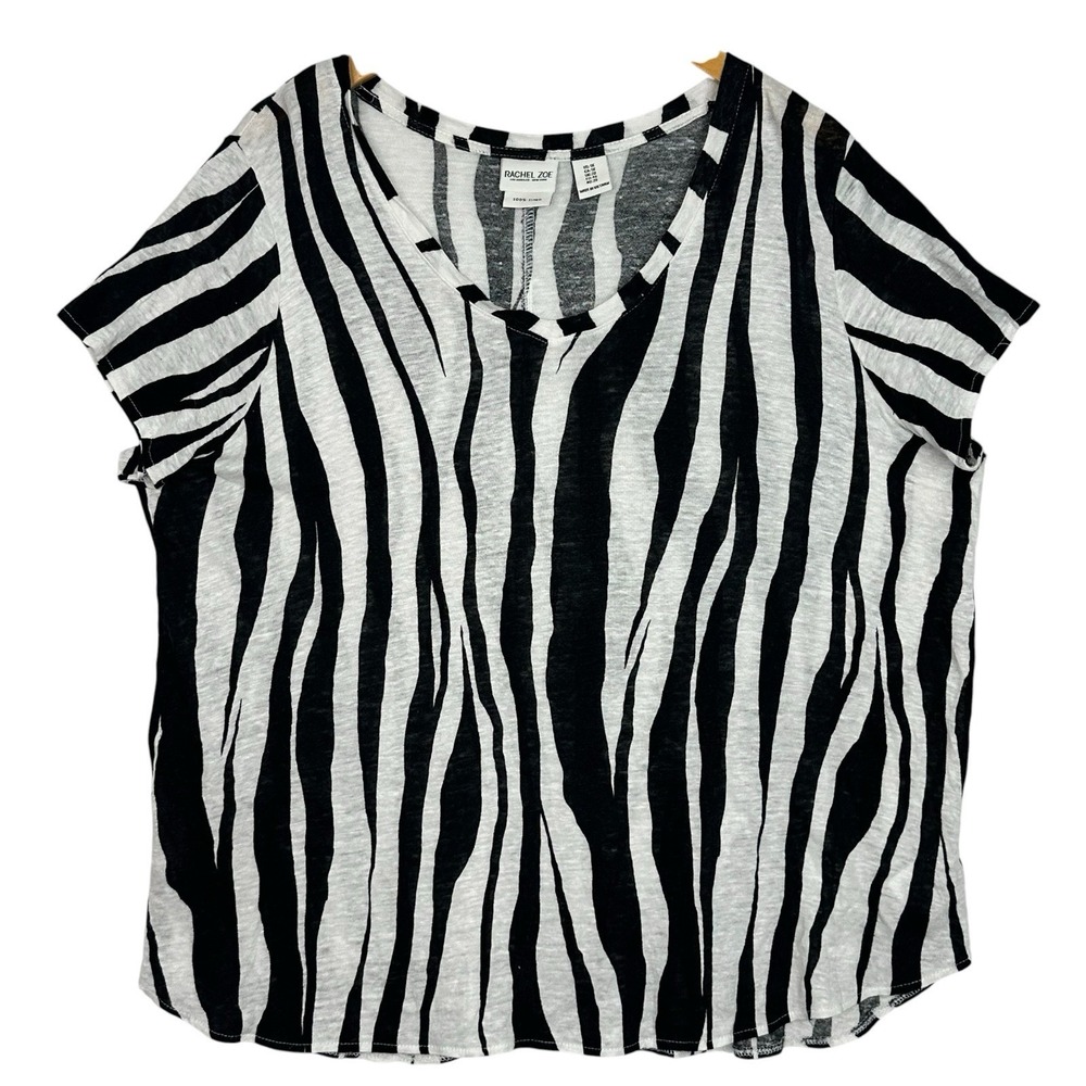 Rachel Zoe Womens 1X Linen Top Black White Zebra Stripe Short Sleeve Blouse Plus - Picture 2 of 8